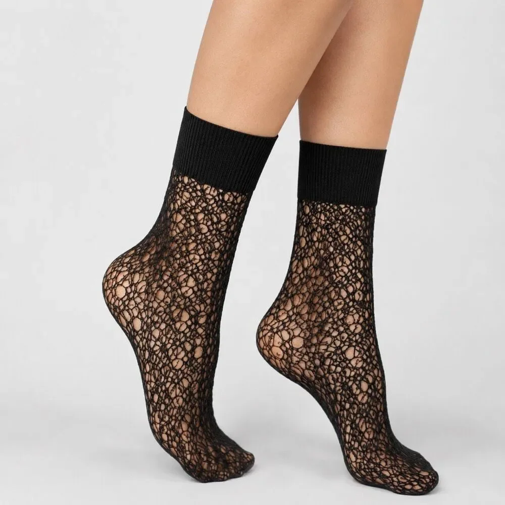NWT Wolford Studio Micro Fish Scale Socks Black One Size Bold Net Italy